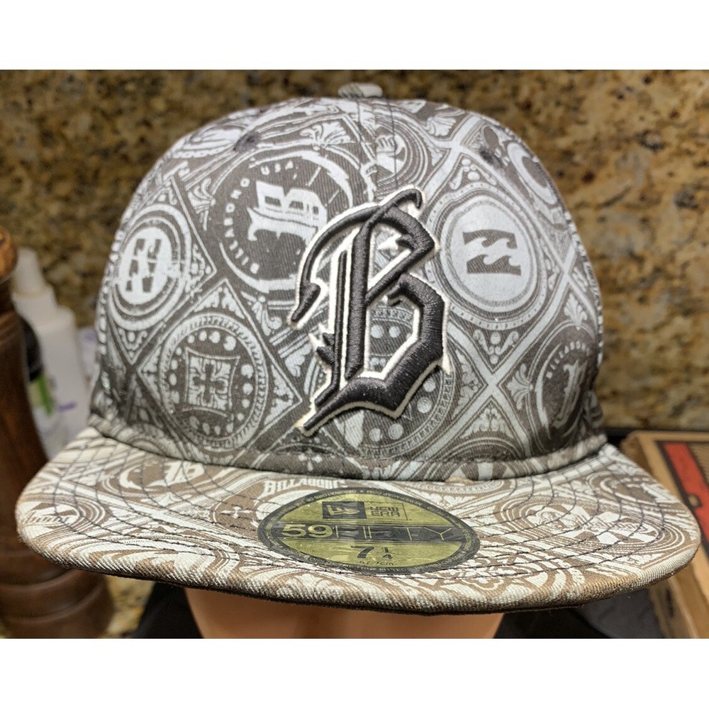Era 59FIFTY Billabong Flat Bill Cap Preowned Print Design Black And Gray 7/14 Cm